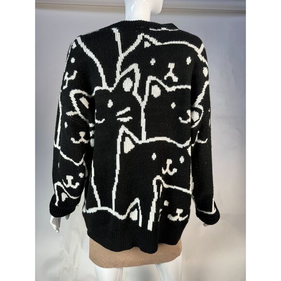 Zinv & Cdupe Vintage Large Cat Lady Black Cat Patterned Sweater Fabric Pilling - Picture 3 of 16